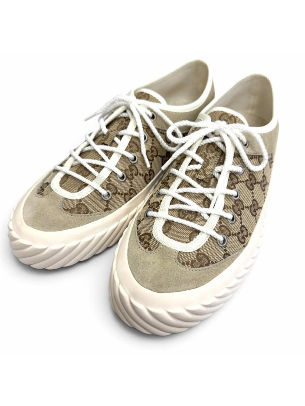 Gucci GG Canvas Suede Lace-up Low Top Sneakers Beige